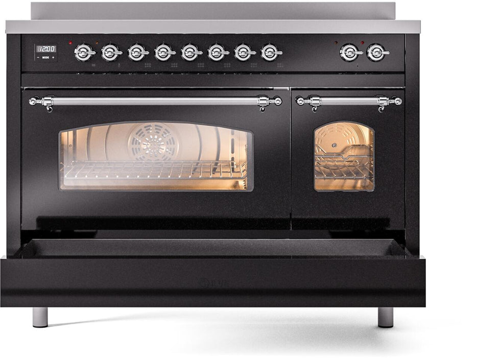 ILVE Nostalgie II 48" Electric Range, Glossy Black, Chrome Trim UPI486NMPBKC
