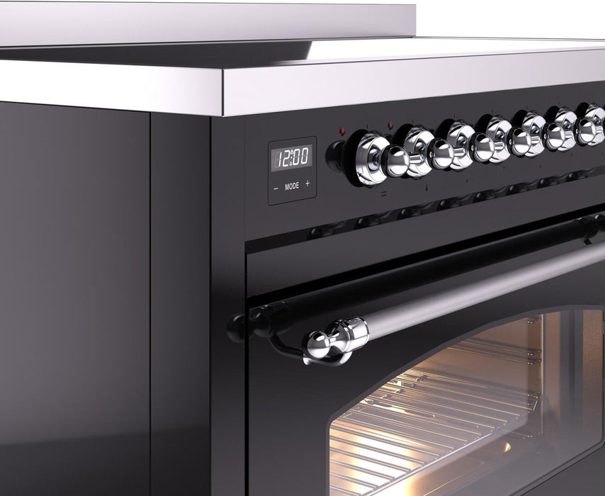 ILVE Nostalgie II 48" Electric Range, Glossy Black, Chrome Trim UPI486NMPBKC