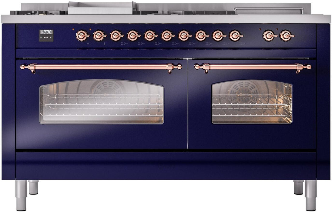 ILVE Nostalgie II 60" Dual Fuel Liquid Propane Range, Blue, Copper Trim UP60FSNMPMBPLP