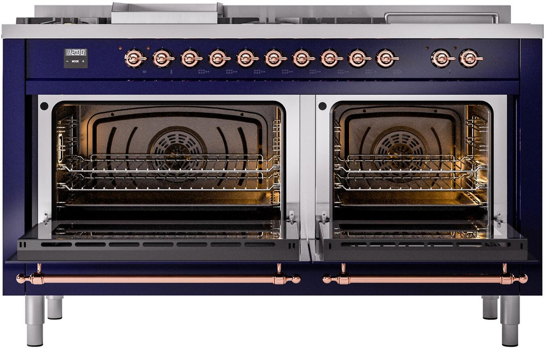 ILVE Nostalgie II 60" Dual Fuel Liquid Propane Range, Blue, Copper Trim UP60FSNMPMBPLP