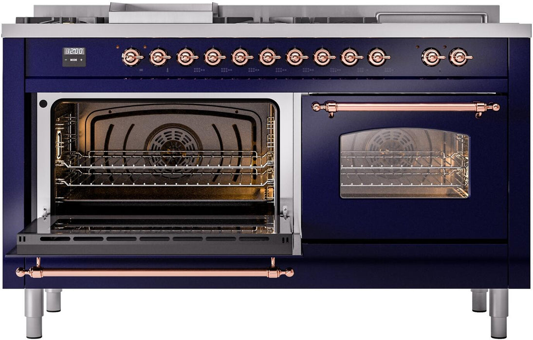 ILVE Nostalgie II 60" Dual Fuel Liquid Propane Range, Blue, Copper Trim UP60FSNMPMBPLP