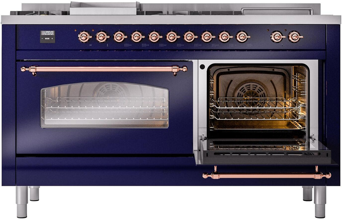 ILVE Nostalgie II 60" Dual Fuel Liquid Propane Range, Blue, Copper Trim UP60FSNMPMBPLP
