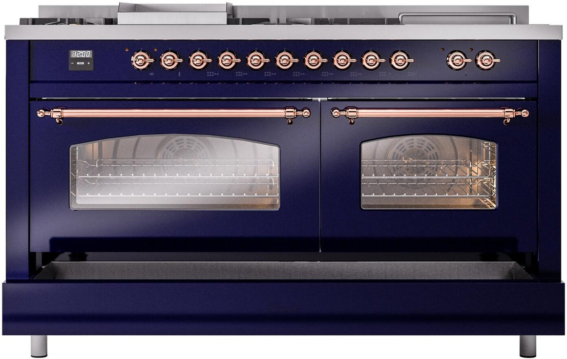 ILVE Nostalgie II 60" Dual Fuel Liquid Propane Range, Blue, Copper Trim UP60FSNMPMBPLP