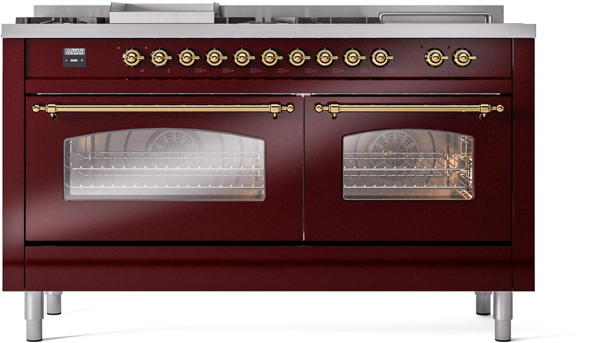 ILVE Nostalgie II 60" Dual Fuel Liquid Propane Range, Burgundy, Brass Trim UP60FSNMPBUGLP