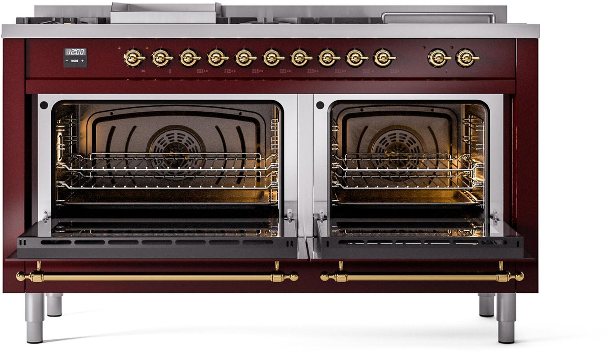 ILVE Nostalgie II 60" Dual Fuel Liquid Propane Range, Burgundy, Brass Trim UP60FSNMPBUGLP