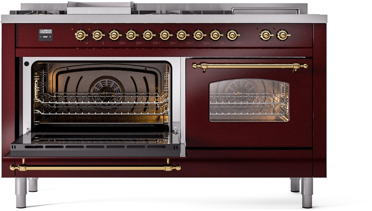 ILVE Nostalgie II 60" Dual Fuel Liquid Propane Range, Burgundy, Brass Trim UP60FSNMPBUGLP