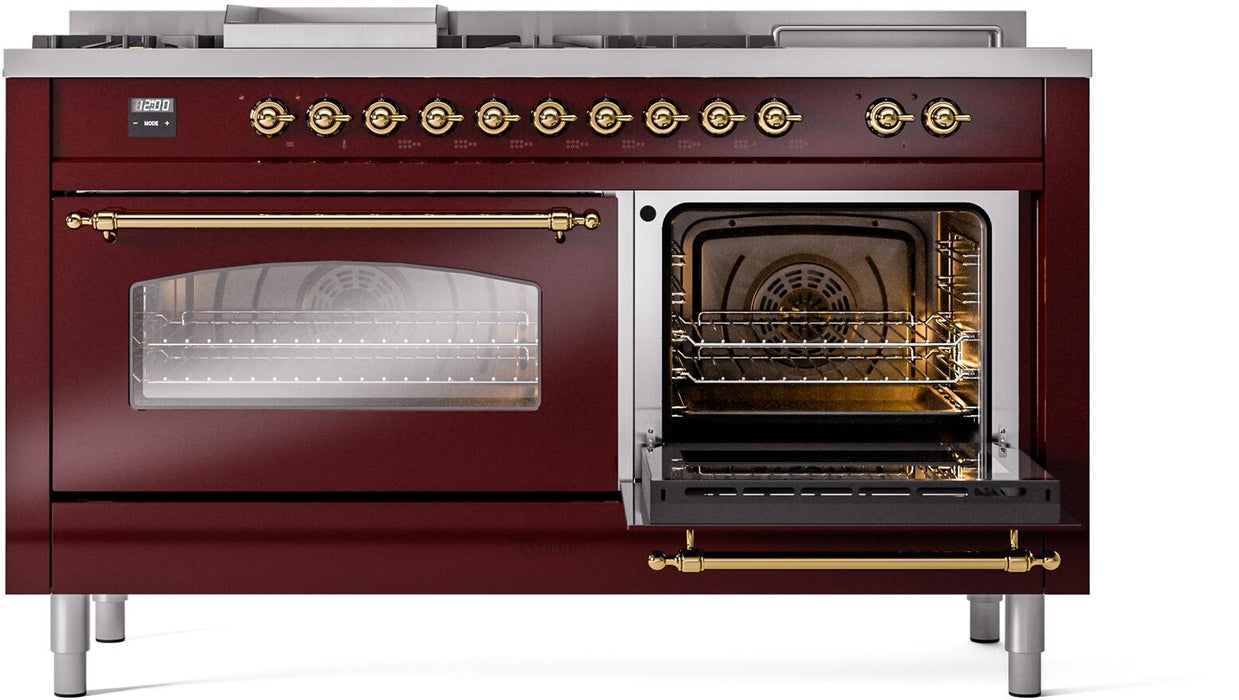 ILVE Nostalgie II 60" Dual Fuel Liquid Propane Range, Burgundy, Brass Trim UP60FSNMPBUGLP