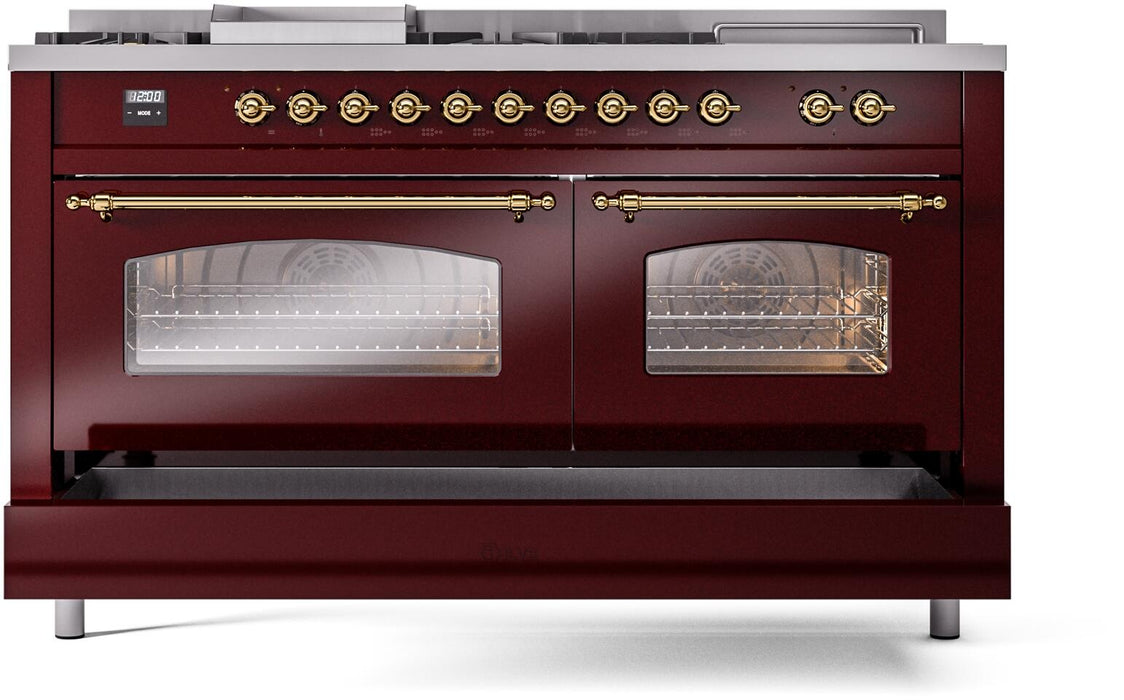 ILVE Nostalgie II 60" Dual Fuel Liquid Propane Range, Burgundy, Brass Trim UP60FSNMPBUGLP