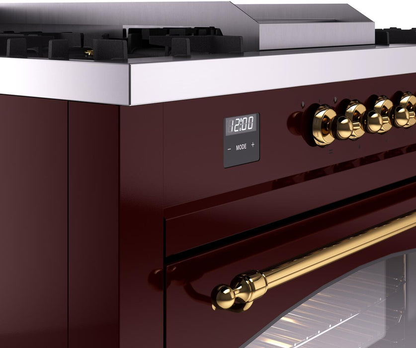 ILVE Nostalgie II 60" Dual Fuel Liquid Propane Range, Burgundy, Brass Trim UP60FSNMPBUGLP