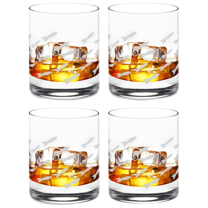 Fish Old Fashion Drinking Glasses, Fish Glasses For White and Red Wine, Water or Whiskey, by The Wine Savant, Each Glass Is Individually Sand Etched - Fish Wine Glasses