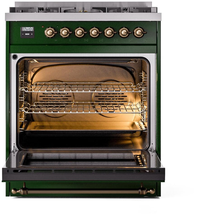 ILVE Nostalgie II 30" Dual Fuel Natural Gas Range, Emerald Green, Bronze Trim UP30NMPEGB