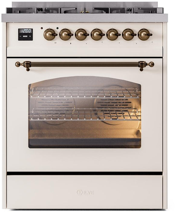 ILVE Nostalgie II 30" Dual Fuel Liquid Propane Range, Antique White, Bronze Trim UP30NMPAWBLP