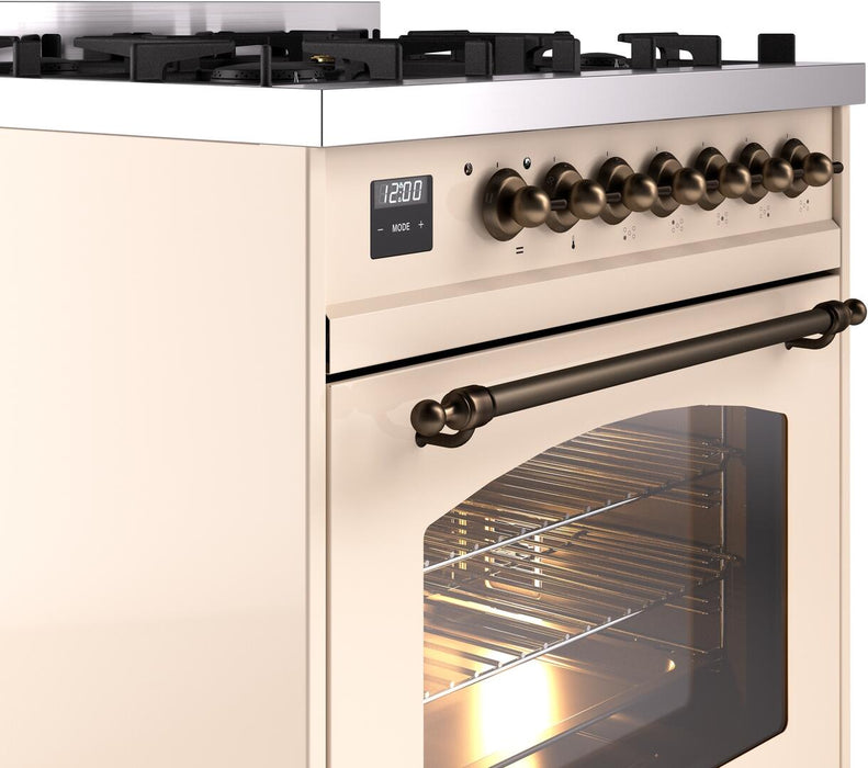 ILVE Nostalgie II 30" Dual Fuel Liquid Propane Range, Antique White, Bronze Trim UP30NMPAWBLP