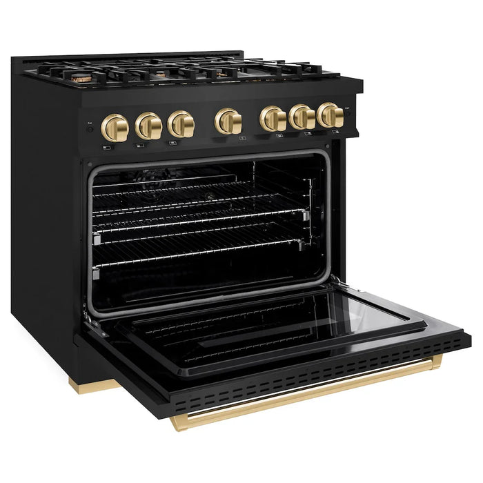 ZLINE 36" Dual Fuel Range, Gas Cooktop, Electric Convection Oven Black Stainless Steel, Gold CDRBZ-36-G