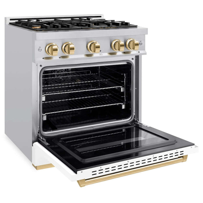 ZLINE 30"Classic Gas Range, Convection Gas Oven, DuraSnow® Stainless Steel, White Matte Door Polished Gold CGRSZ-WM-30-G