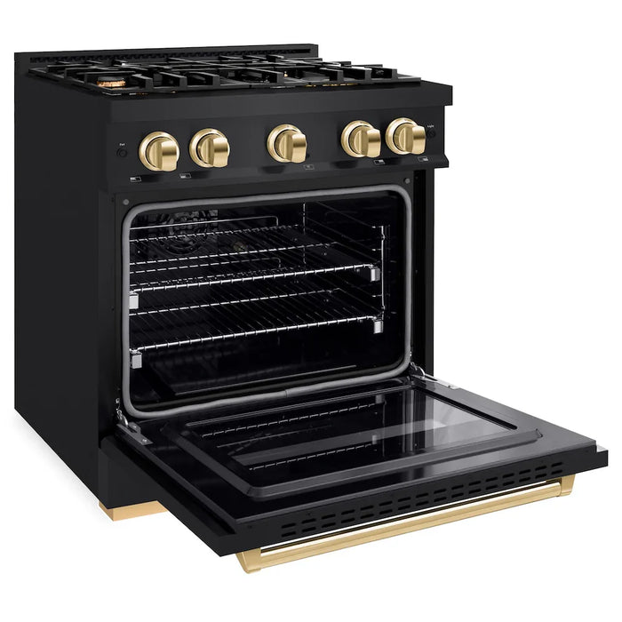 ZLINE 30" Dual Fuel Range, Gas Cooktop, Electric Convection Oven Black Stainless Steel, Gold CDRBZ-30-G