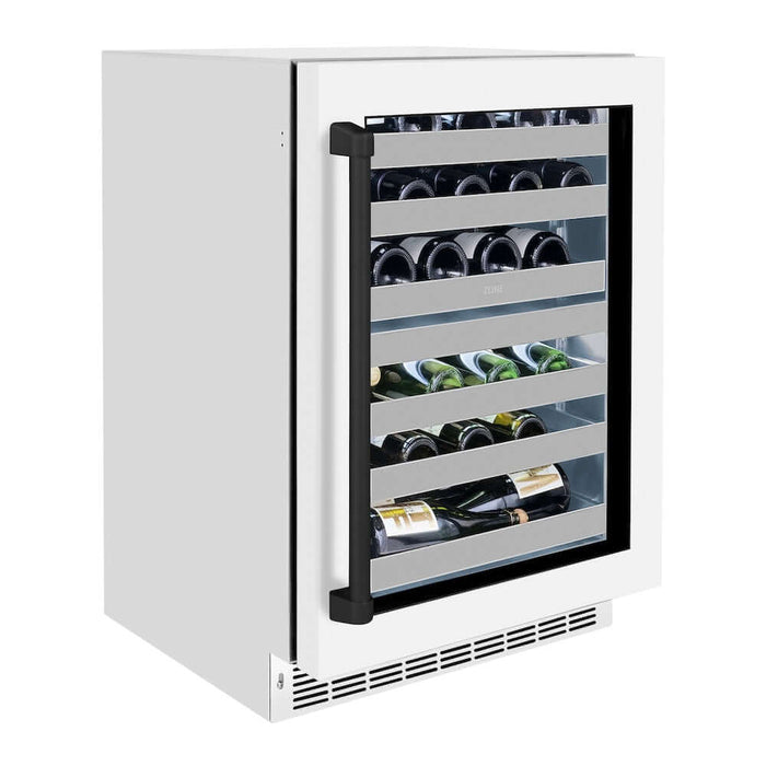 ZLINE 24" Touchstone Dual Zone 44 Bottle Wine Cooler White Matte Glass Door Matte Black Handle RWDOZ-WM-24-MB