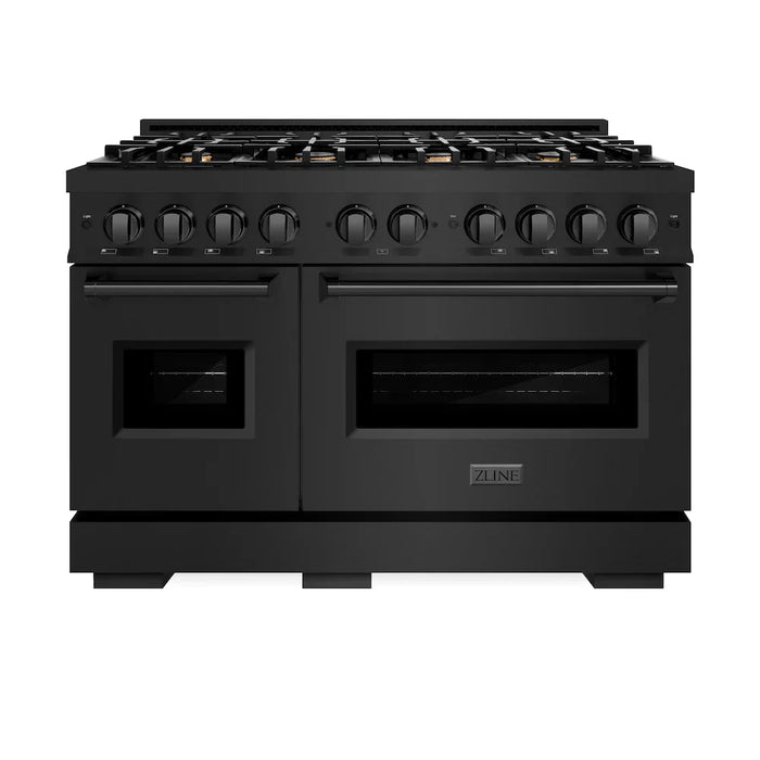 ZLINE 48" Dual Fuel Range, Gas Cooktop, Electric Convection Oven Black Stainless Steel Brass Burners, CDRB-BR-48