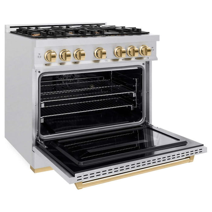 ZLINE 36" Dual Fuel Range, Gas Cooktop, Electric Convection Oven DuraSnow® Stainless Steel, Gold CDRSZ-36-G