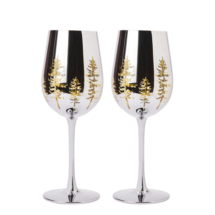 Crystal Christmas Tree Stemmed Wine & Water Glasses - Set of 2 - Holiday Themed Vibrant Gold Etched Winter Snow Wonderland Frosted Glass, Perfect For Seasonal Parties, Gifts for Him & Her Trees Décor