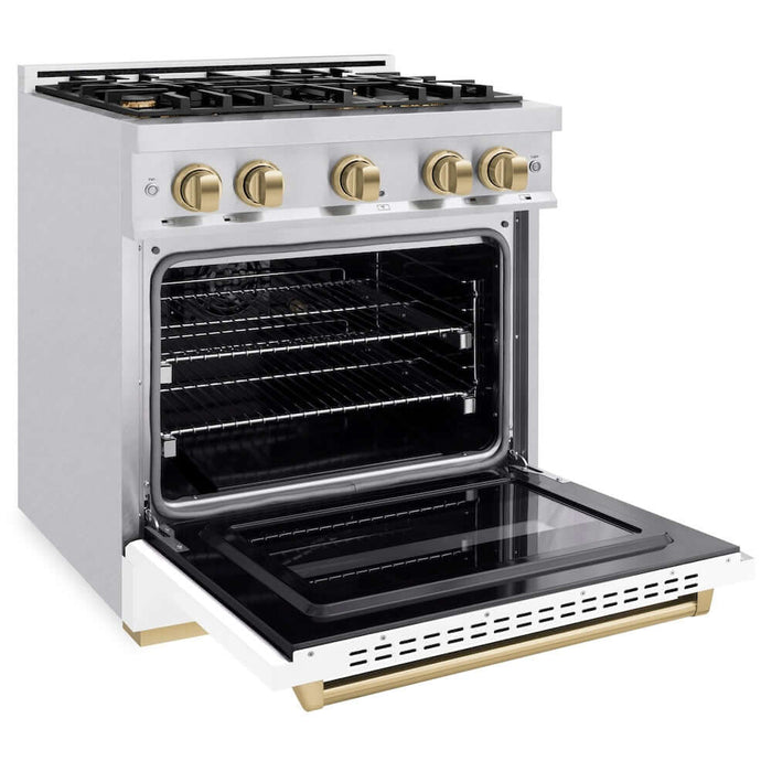 ZLINE 30" Dual Fuel Range, Gas Cooktop, Electric Convection Oven DuraSnow® Stainless Steel, White Matte Door, Champagne Bronze CDRSZ-WM-30-CB