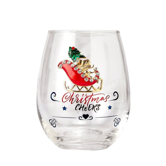 Crystal Christmas Santa's Sleigh Wine & Water Glasses - Set of 2, 17.5oz - Xmas Diamond Merry Christmas Santa Holiday Festive Theme Stemless Glass - New Year Holiday Gifts for Men Women Friend Family