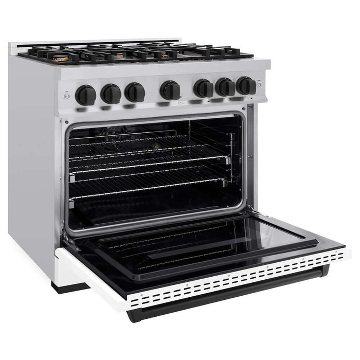 ZLINE 36" Dual Fuel Range, Gas Cooktop, Electric Convection Oven Stainless Steel, Matte White Door Matte Black CDRZ-WM-36-MB