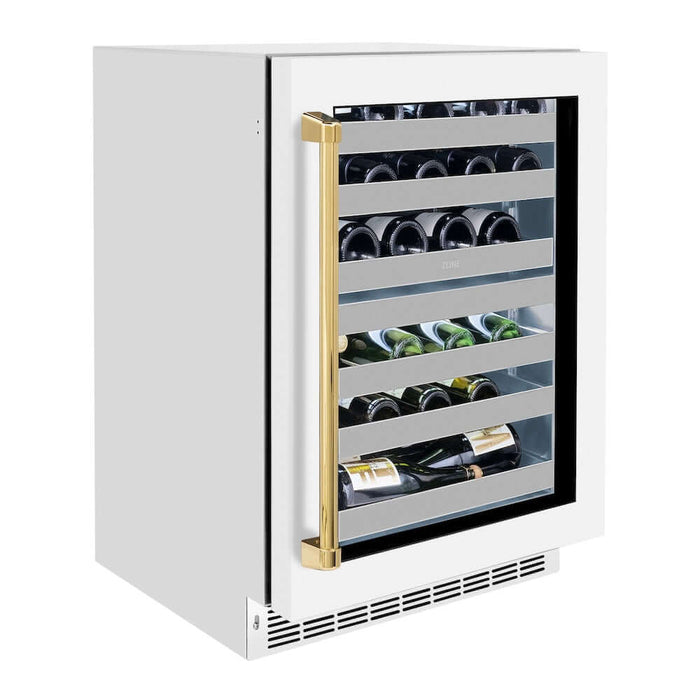 ZLINE 24" Touchstone Dual Zone 44 Bottle Wine Cooler White Matte Glass Door Polished Gold Handle RWDOZ-WM-24-G