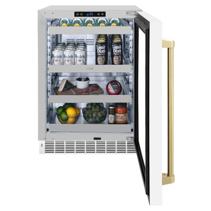 ZLINE 24" Touchstone 151 Can Beverage Fridge White Matte Glass Door Champagne Bronze Handle RBSOZ-WM-24-CB