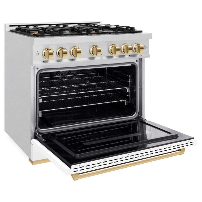 ZLINE 36"Classic Gas Range, Convection Gas Oven, DuraSnow® Stainless Steel, White Matte Door Polished Gold CGRSZ-WM-36-G