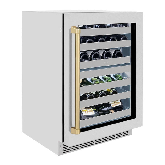 ZLINE 24" Touchstone Dual Zone 44 Bottle Wine Cooler DuraSnow® Stainless Steel Glass Door Champagne Bronze Handle RWDOZ-SN-24-CB