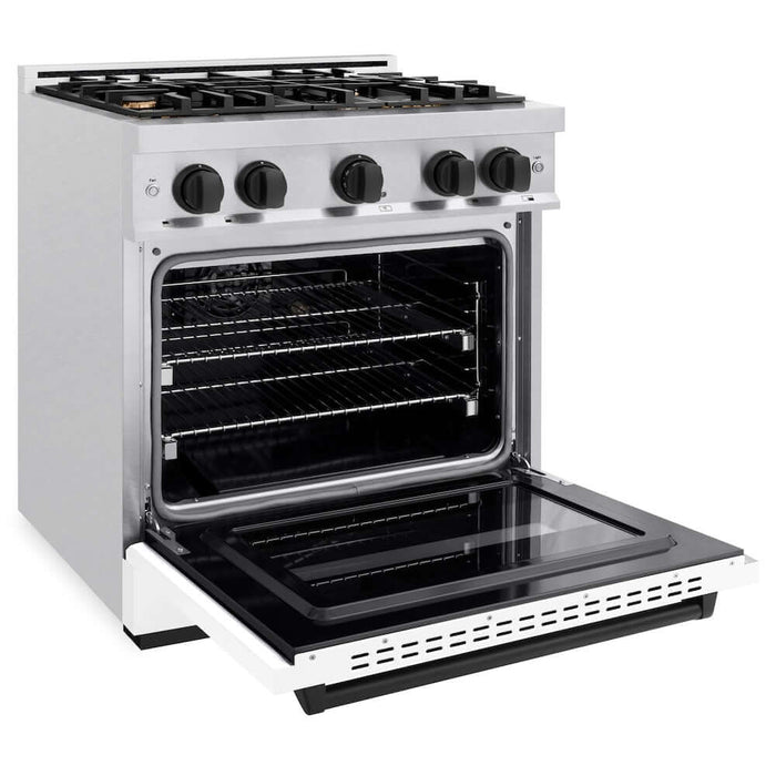 ZLINE 30"Classic Gas Range, Convection Gas Oven, DuraSnow® Stainless Steel, White Matte Door Matte Black CGRSZ-WM-30-MB