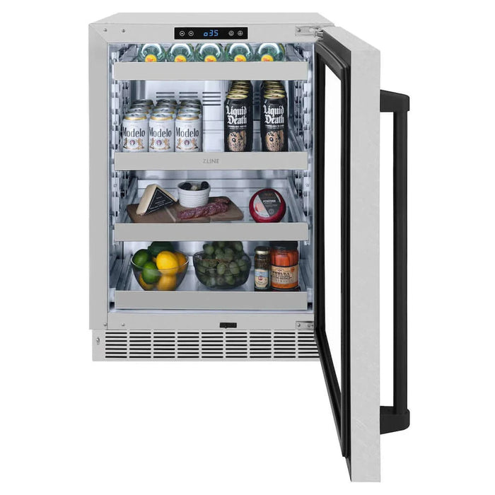 ZLINE 24" Touchstone 151 Can Beverage Fridge DuraSnow® Stainless Steel Glass Door Matte Black Handle RBSOZ-SN-24-MB