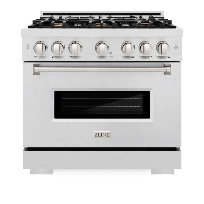 ZLINE 36" Dual Fuel Range, Gas Cooktop, Electric Convection Oven DuraSnow® Stainless Steel, Brass Burners CDRS-BR-36