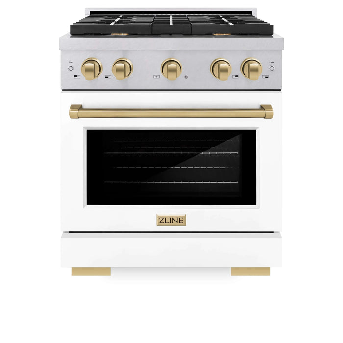 ZLINE 30"Paramount Dual Fuel Range DuraSnow® White Matte, Champagne Bronze SDRSZ-WM-30-CB