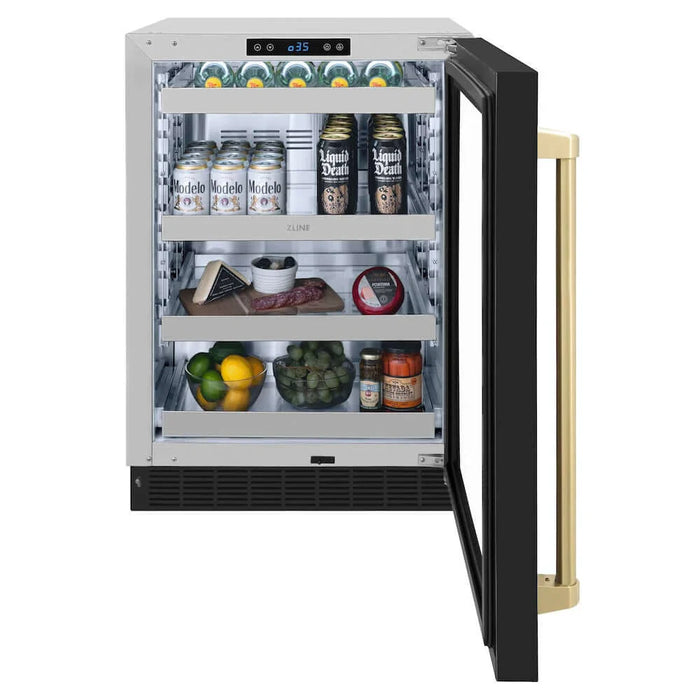 ZLINE 24" Touchstone 151 Can Beverage Fridge Black Matte Glass Door Champagne Bronze Handle RBSOZ-BLM-24-CB