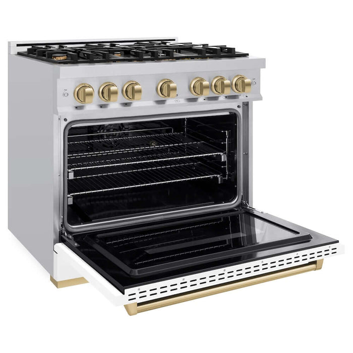 ZLINE 36" Dual Fuel Range, Gas Cooktop, Electric Convection Oven Stainless Steel, Matte White Door Polished Gold CDRZ-WM-36-G