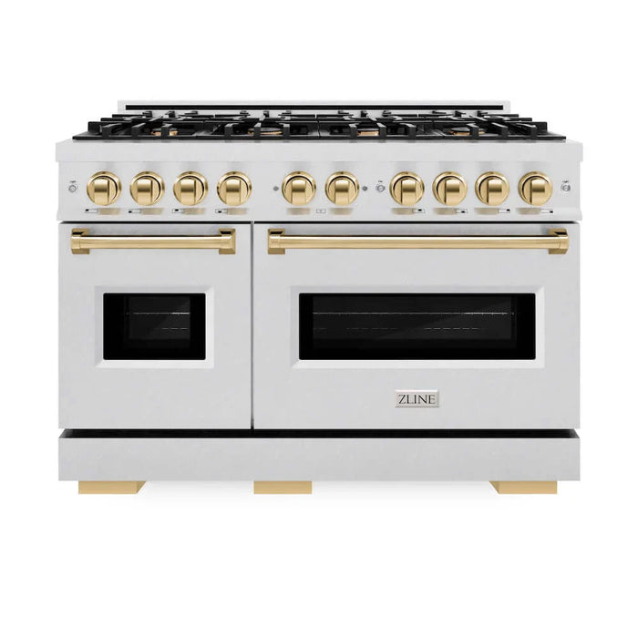 ZLINE 48" Dual Fuel Range, Gas Cooktop, Electric Convection Oven DuraSnow® Stainless Steel, Gold CDRSZ-48-G