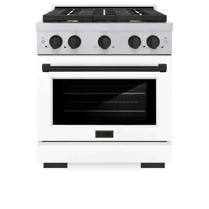 ZLINE 30"Paramount Dual Fuel Range DuraSnow® White Matte, Matte Black SDRSZ-WM-30-MB