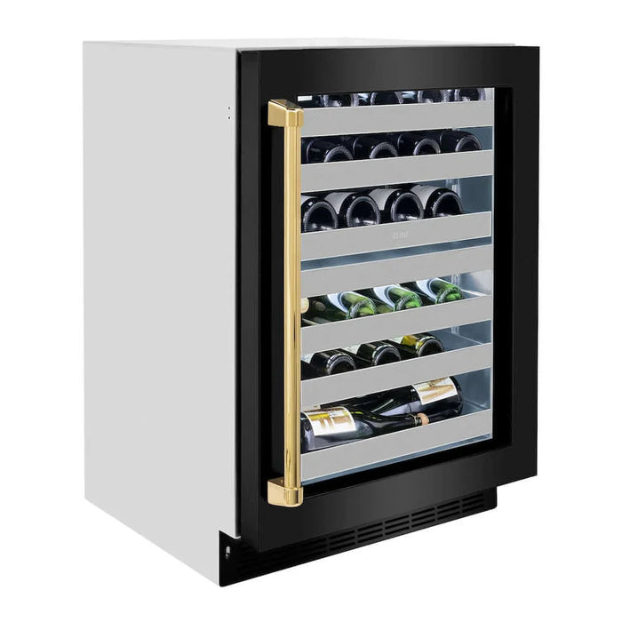 ZLINE 24" Touchstone Dual Zone 44 Bottle Wine Cooler Black Stainless Steel Glass Door Polished Gold Handle  RWDOZ-BS-24-G