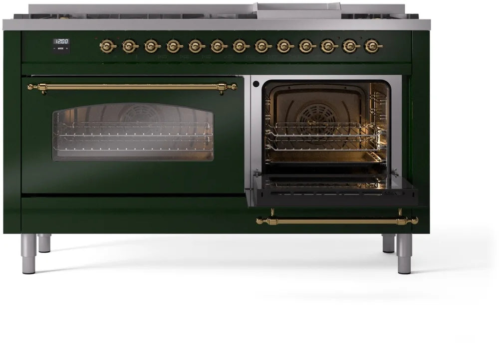 ILVE Nostalgie II 60" Dual Fuel Natural Gas Range, Emerald Green, Brass Trim UP60FNMPEGG
