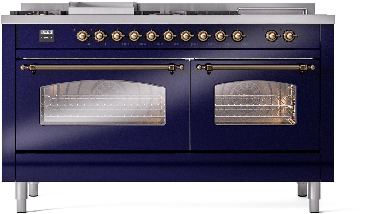 ILVE Nostalgie II 60" Dual Fuel Liquid Propane Range, Blue, Bronze Trim UP60FSNMPMBBLP