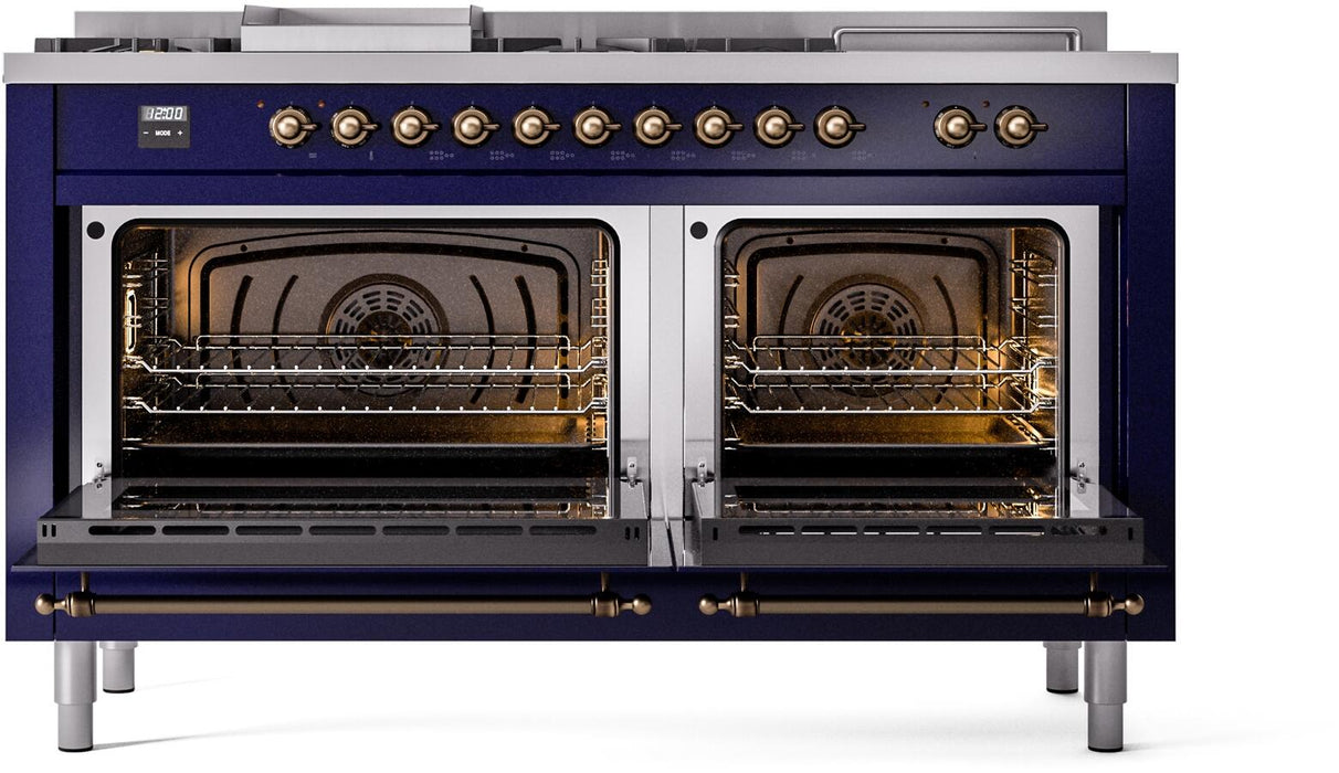 ILVE Nostalgie II 60" Dual Fuel Liquid Propane Range, Blue, Bronze Trim UP60FSNMPMBBLP