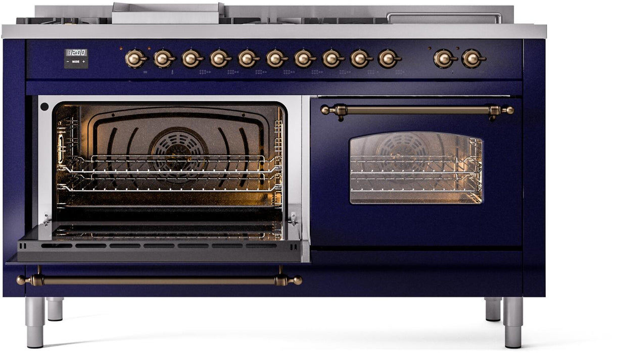 ILVE Nostalgie II 60" Dual Fuel Liquid Propane Range, Blue, Bronze Trim UP60FSNMPMBBLP
