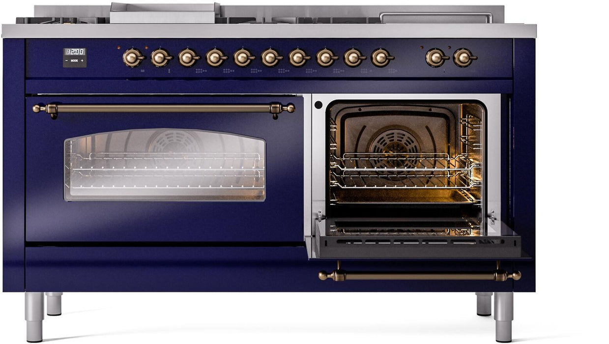 ILVE Nostalgie II 60" Dual Fuel Liquid Propane Range, Blue, Bronze Trim UP60FSNMPMBBLP