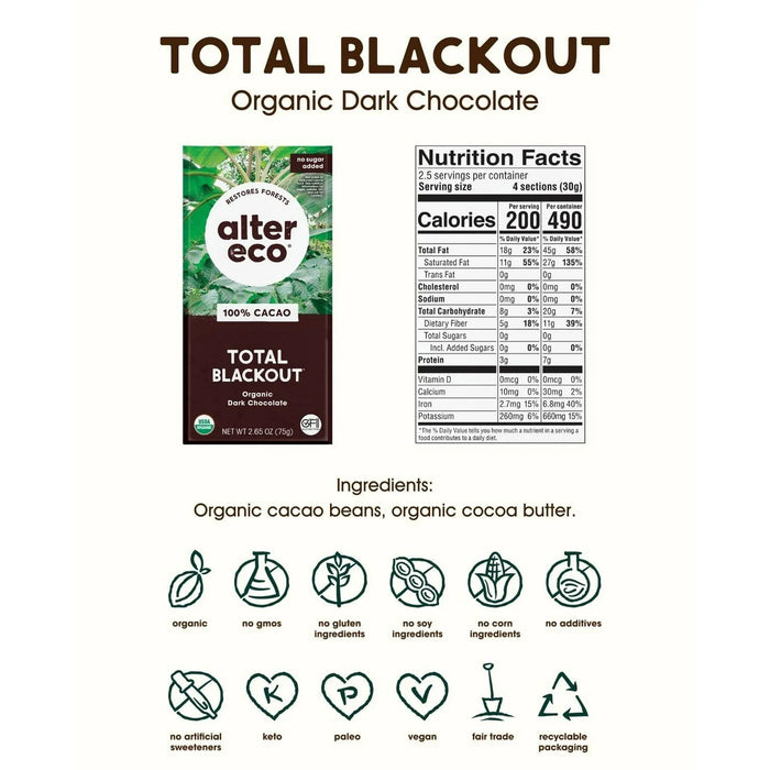 Alter Eco Organic Blackout 100% Dark Chocolate – Fair Trade Swiss Cacao, Pack of 12-2.65 Oz