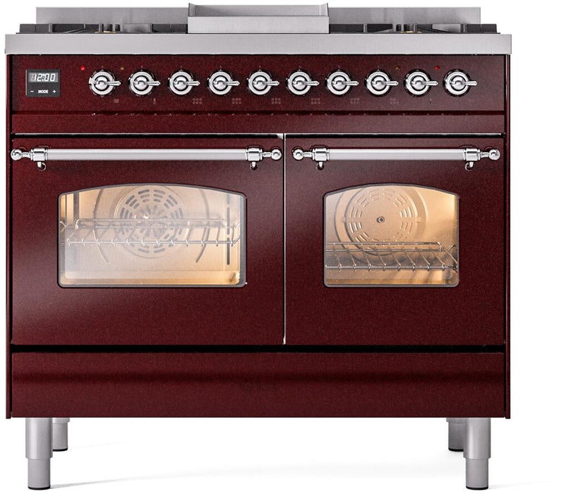 ILVE Nostalgie II 40" Dual Fuel Liquid Propane Range, Burgundy, Chrome Trim UPD40FNMPBUCLP