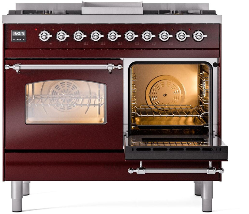ILVE Nostalgie II 40" Dual Fuel Liquid Propane Range, Burgundy, Chrome Trim UPD40FNMPBUCLP
