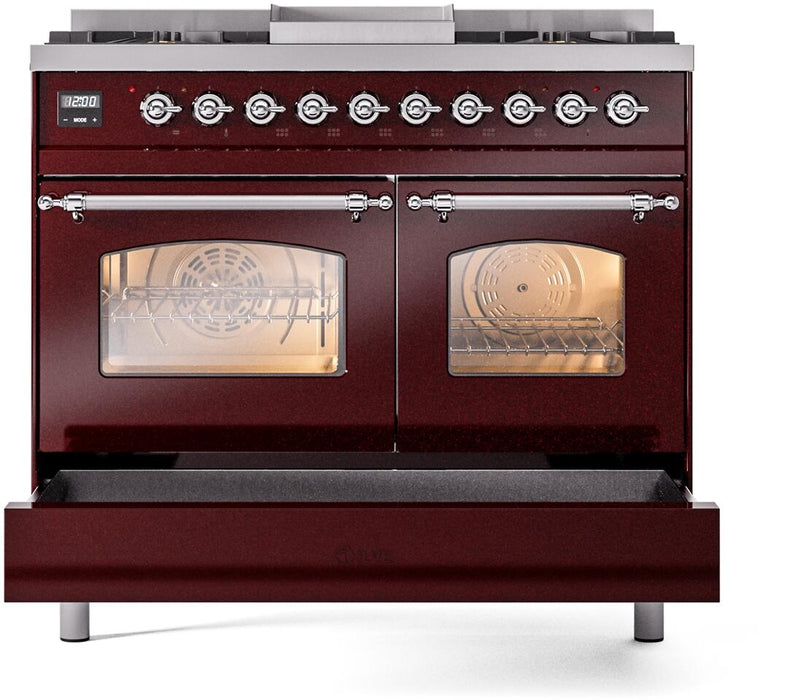 ILVE Nostalgie II 40" Dual Fuel Liquid Propane Range, Burgundy, Chrome Trim UPD40FNMPBUCLP