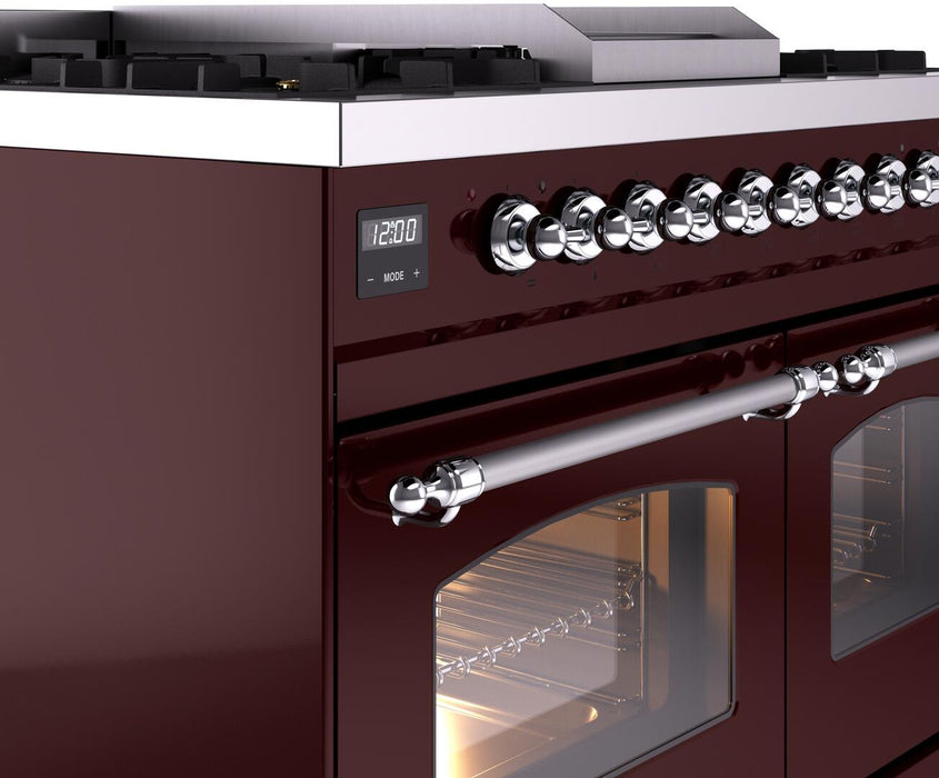ILVE Nostalgie II 40" Dual Fuel Liquid Propane Range, Burgundy, Chrome Trim UPD40FNMPBUCLP
